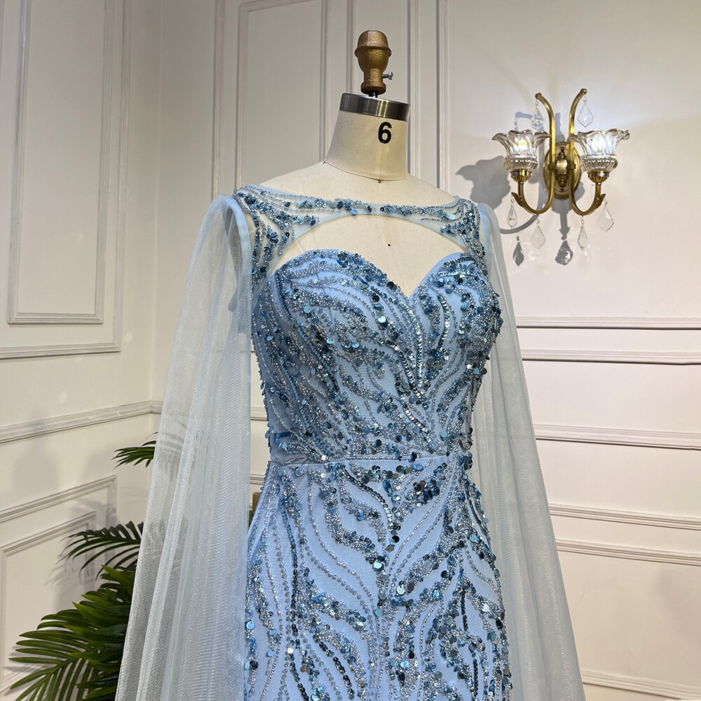 Blue Mermaid Sexy Long Cape Sleeves Evening Dresses High Slipt Gowns Luxury Beaded 2025 For Women Party LA72015