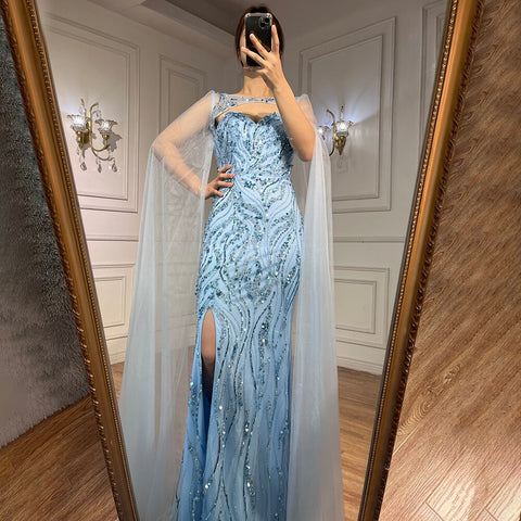 Blue Mermaid Sexy Long Cape Sleeves Evening Dresses High Slipt Gowns Luxury Beaded 2025 For Women Party LA72015