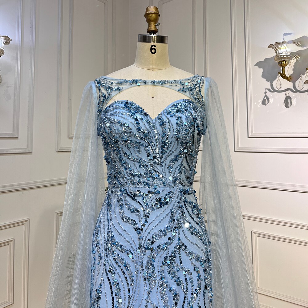 Blue Mermaid Sexy Long Cape Sleeves Evening Dresses High Slipt Gowns Luxury Beaded 2025 For Women Party LA72015