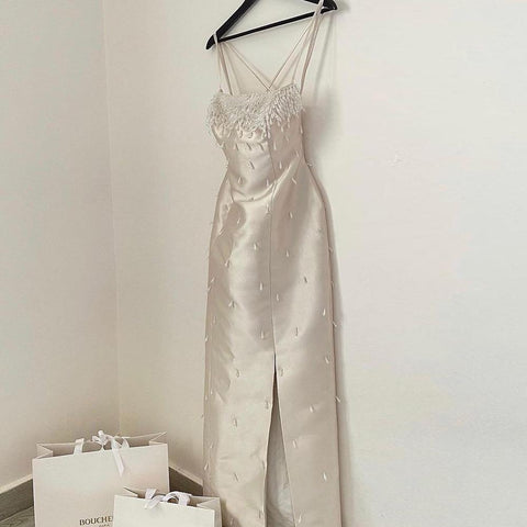 Blue Mermaid Sexy Spaghetti Straps Boat Neck Beaded Luxury Arabic Evening Dresses Gowns For Women Party LA71788