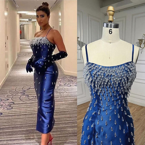 Blue Mermaid Sexy Spaghetti Straps Boat Neck Beaded Luxury Arabic Evening Dresses Gowns For Women Party LA71788