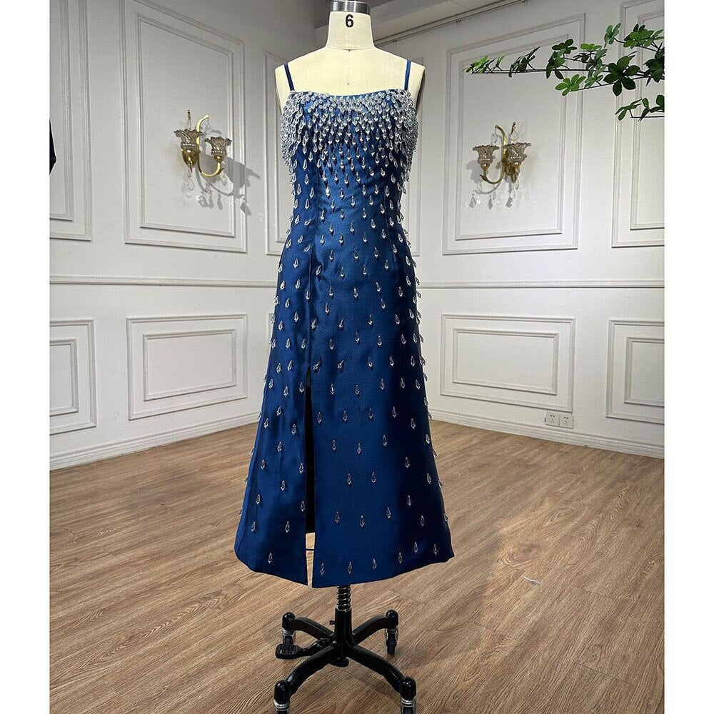 Blue Mermaid Sexy Spaghetti Straps Boat Neck Beaded Luxury Arabic Evening Dresses Gowns For Women Party LA71788
