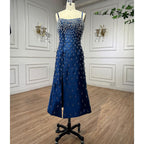 Blue Mermaid Sexy Spaghetti Straps Boat Neck Beaded Luxury Arabic Evening Dresses Gowns For Women Party LA71788