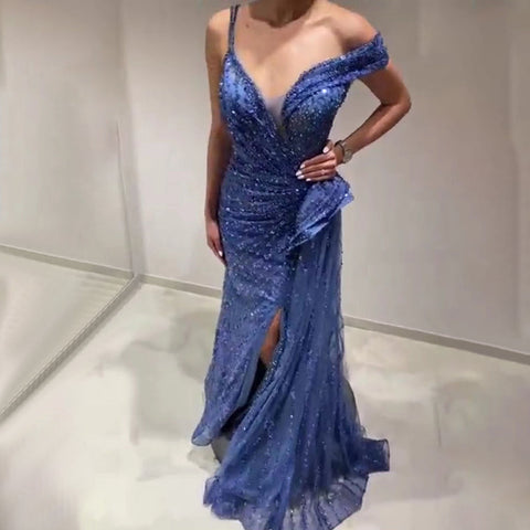 Robe de soirée sirène bleue fendue, en solde, sans retour ni remboursement, élégante et luxueuse, avec perles, pour femme, modèle LA71663, 2025