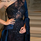 Blue Mermiad Satin Evening Dresses Gowns 2025 Elegant One Shoulder Overskirt For Women Party LA71236