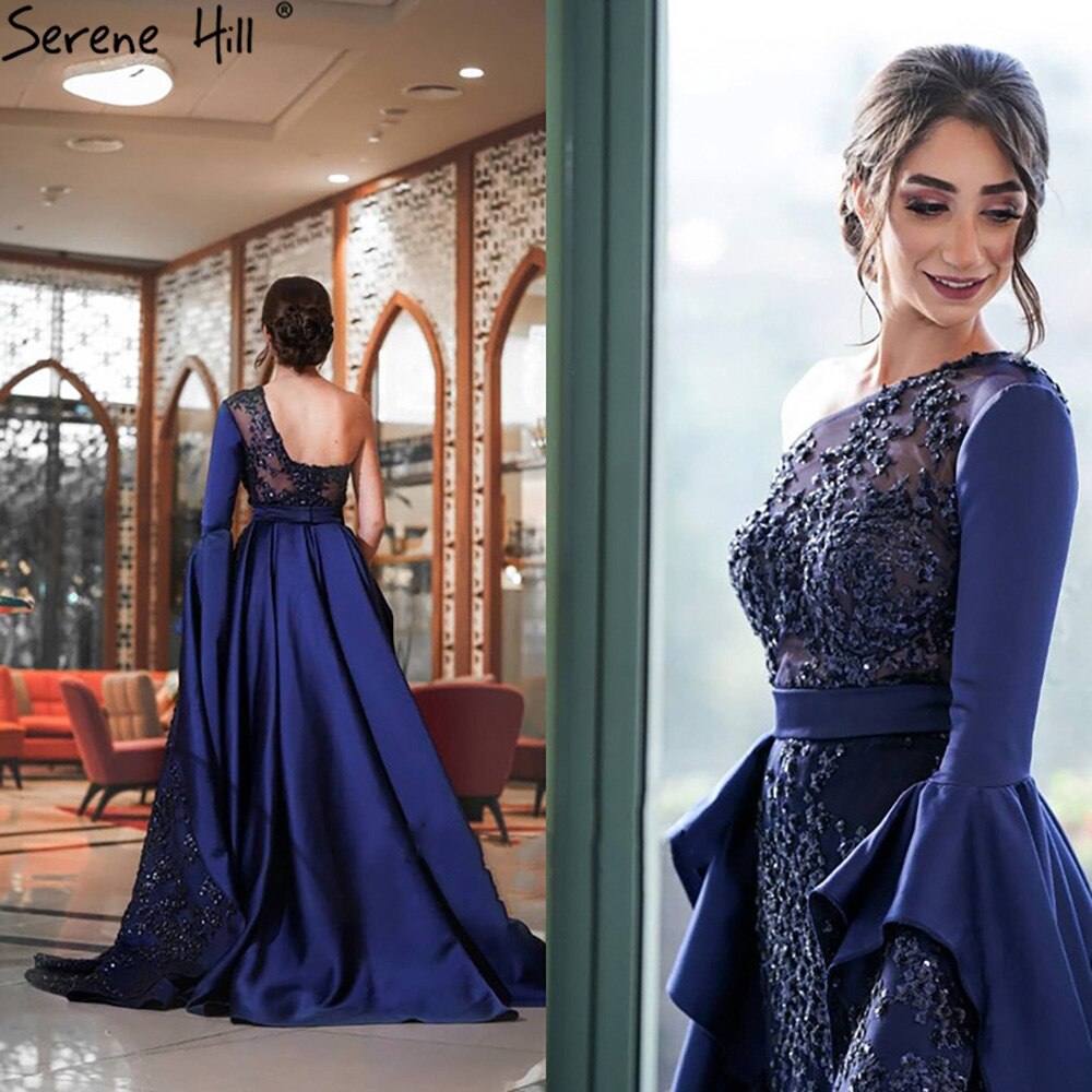 Blue Mermiad Satin Evening Dresses Gowns 2025 Elegant One Shoulder Overskirt For Women Party LA71236