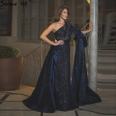 Blue Mermiad Satin Evening Dresses Gowns 2025 Elegant One Shoulder Overskirt For Women Party LA71236