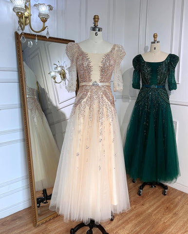 Blue Midi Evening Dress 2025 Luxury Dubai Muslim Ankle Length Arabic Short Wedding Formal Party Gown LA71631A