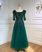 Blue Midi Evening Dress 2025 Luxury Dubai Muslim Ankle Length Arabic Short Wedding Formal Party Gown LA71631A