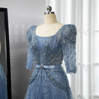 Blue Midi Evening Dress 2025 Luxury Dubai Muslim Ankle Length Arabic Short Wedding Formal Party Gown LA71631A