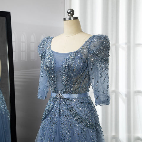 Blue Midi Evening Dress 2025 Luxury Dubai Muslim Ankle Length Arabic Short Wedding Formal Party Gown LA71631A