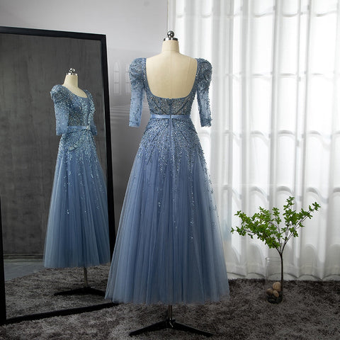 Blue Midi Evening Dress 2025 Luxury Dubai Muslim Ankle Length Arabic Short Wedding Formal Party Gown LA71631A