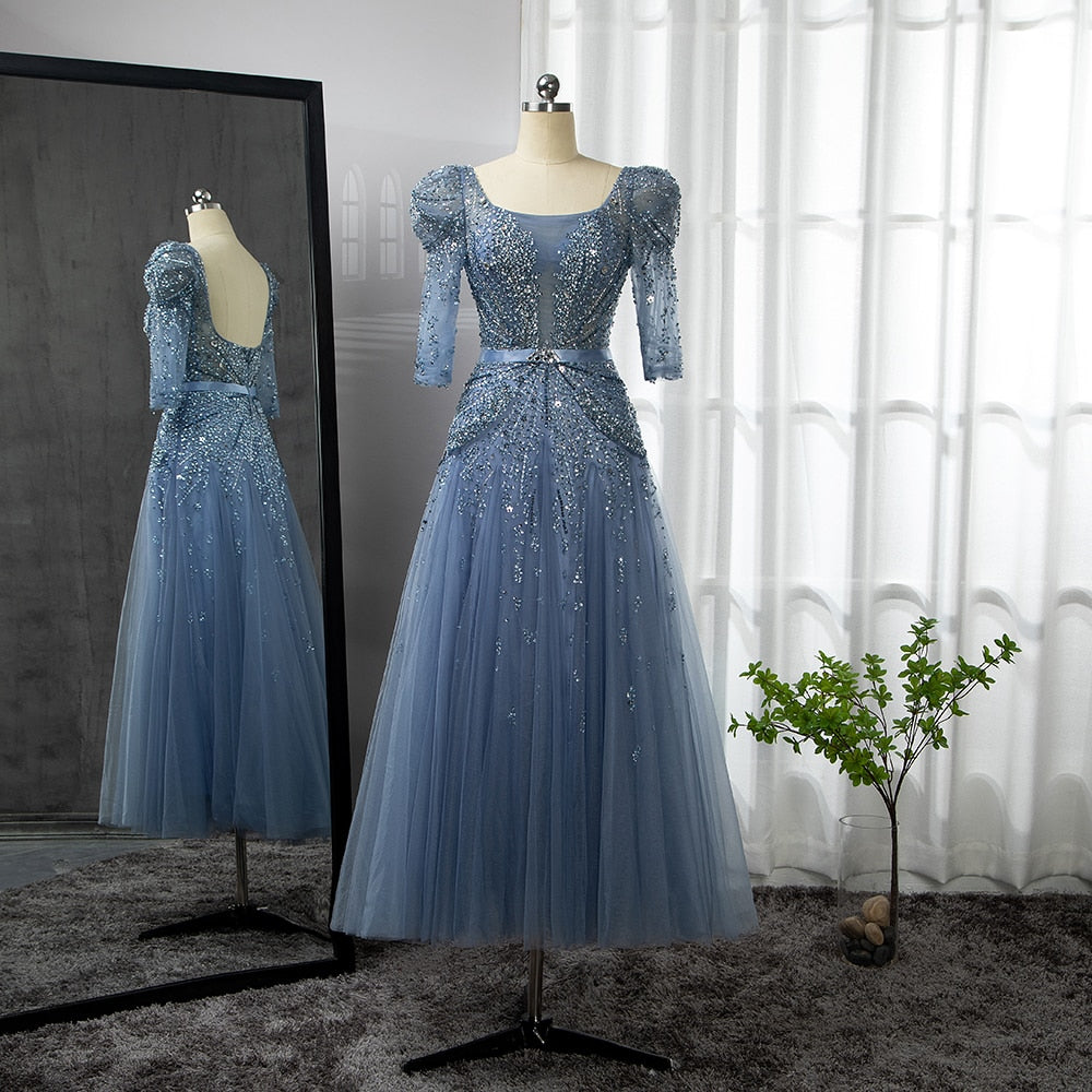 Blue Midi Evening Dress 2025 Luxury Dubai Muslim Ankle Length Arabic Short Wedding Formal Party Gown LA71631A