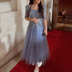 Blue Midi Evening Dress 2025 Luxury Dubai Muslim Ankle Length Arabic Short Wedding Formal Party Gown LA71631A