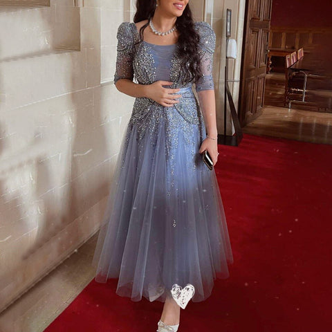 Blue Midi Evening Dress 2025 Luxury Dubai Muslim Ankle Length Arabic Short Wedding Formal Party Gown LA71631A