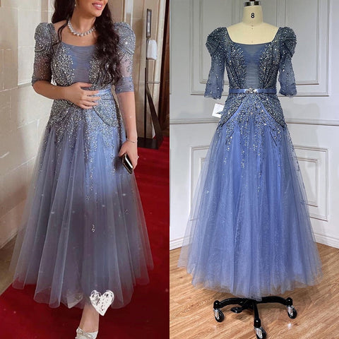 Blue Midi Evening Dress 2025 Luxury Dubai Muslim Ankle Length Arabic Short Wedding Formal Party Gown LA71631A