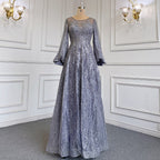 Blue Muslim A-Line O-Neck Evening Dresses Gowns Luxury Crystal Beaded 2025 For Women Wedding Party LA71700