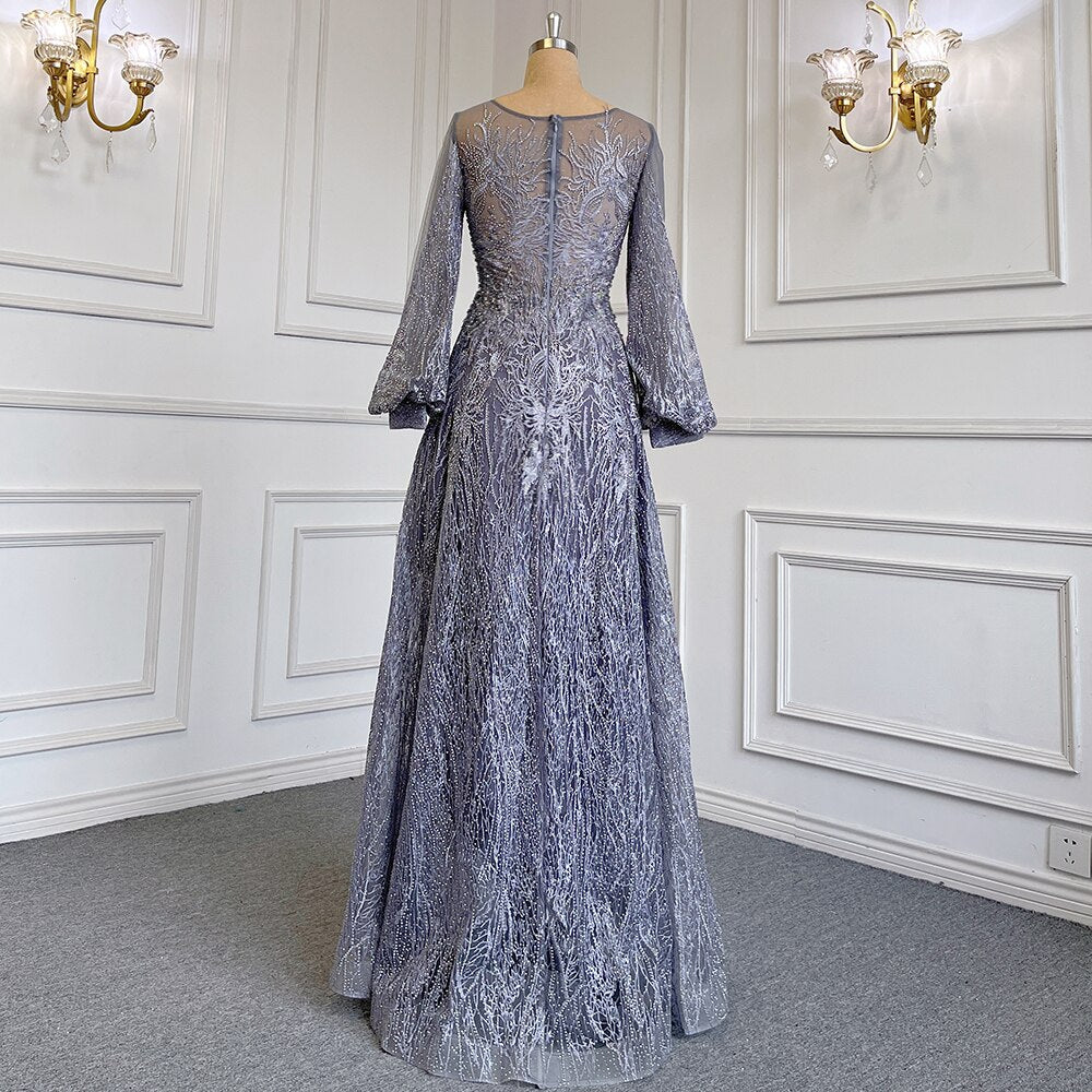 Blue Muslim A-Line O-Neck Evening Dresses Gowns Luxury Crystal Beaded 2025 For Women Wedding Party LA71700