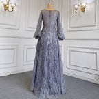 Blue Muslim A-Line O-Neck Evening Dresses Gowns Luxury Crystal Beaded 2025 For Women Wedding Party LA71700