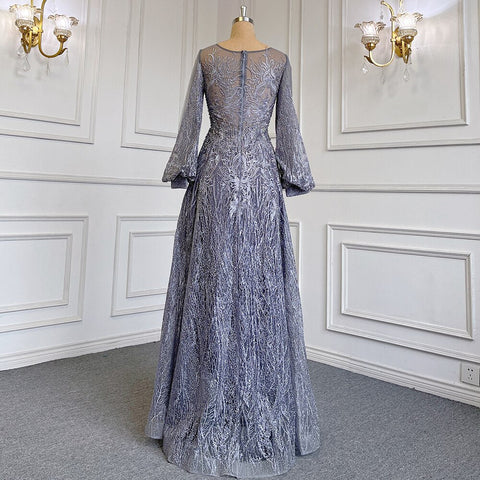 Blue Muslim A-Line O-Neck Evening Dresses Gowns Luxury Crystal Beaded 2025 For Women Wedding Party LA71700