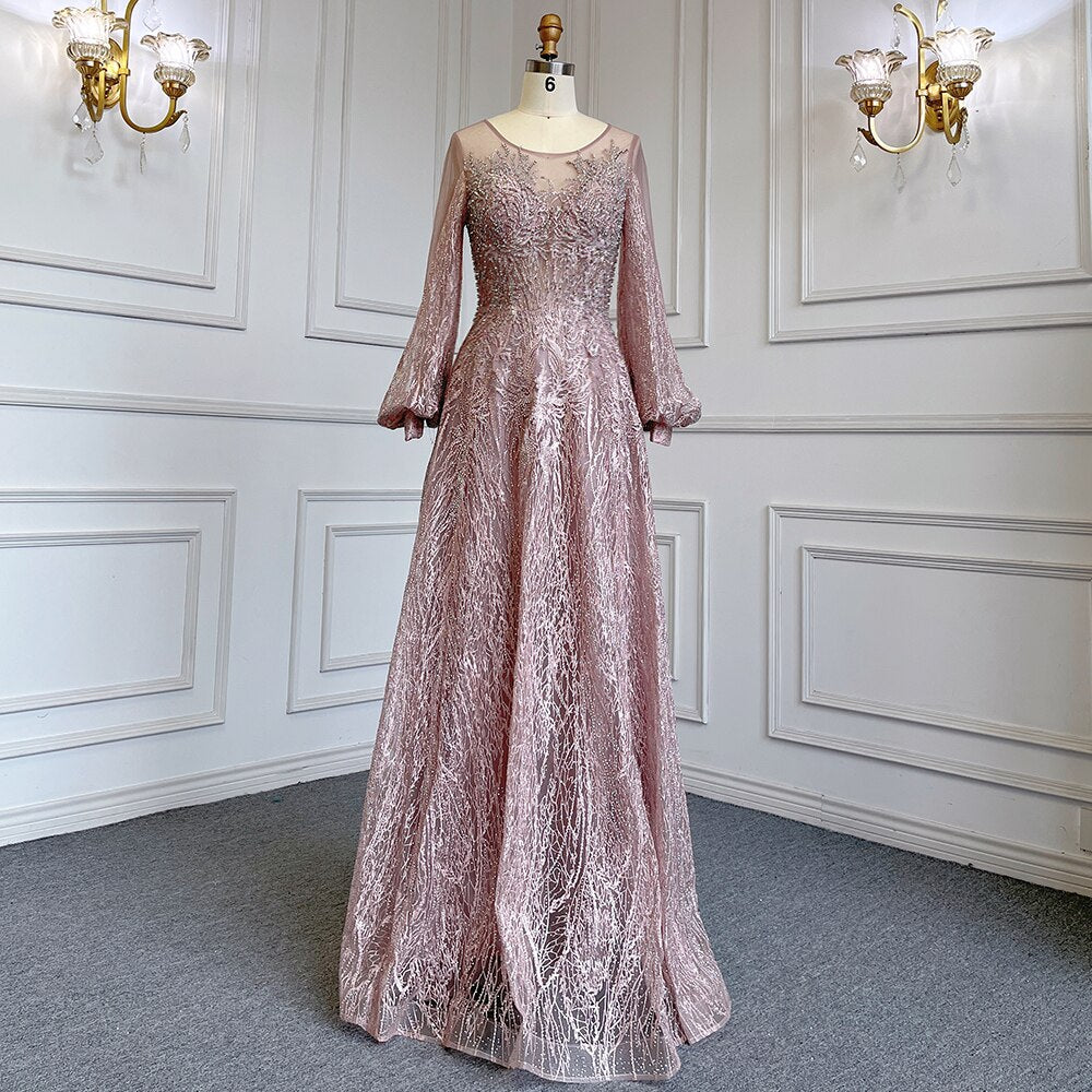 Blue Muslim A-Line O-Neck Evening Dresses Gowns Luxury Crystal Beaded 2025 For Women Wedding Party LA71700