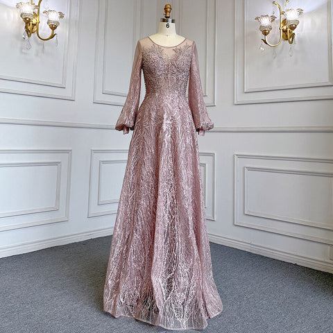 Blue Muslim A-Line O-Neck Evening Dresses Gowns Luxury Crystal Beaded 2025 For Women Wedding Party LA71700