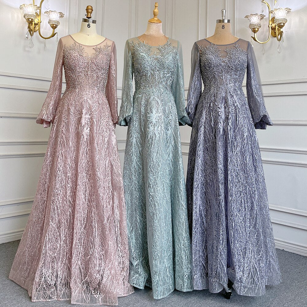 Blue Muslim A-Line O-Neck Evening Dresses Gowns Luxury Crystal Beaded 2025 For Women Wedding Party LA71700