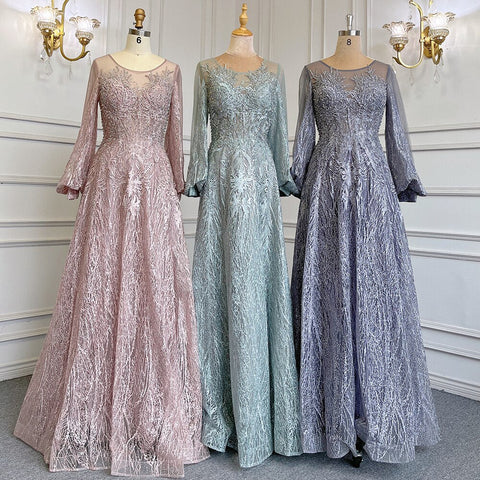 Blue Muslim A-Line O-Neck Evening Dresses Gowns Luxury Crystal Beaded 2025 For Women Wedding Party LA71700