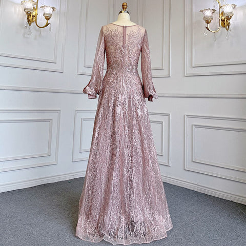 Blue Muslim A-Line O-Neck Evening Dresses Gowns Luxury Crystal Beaded 2025 For Women Wedding Party LA71700