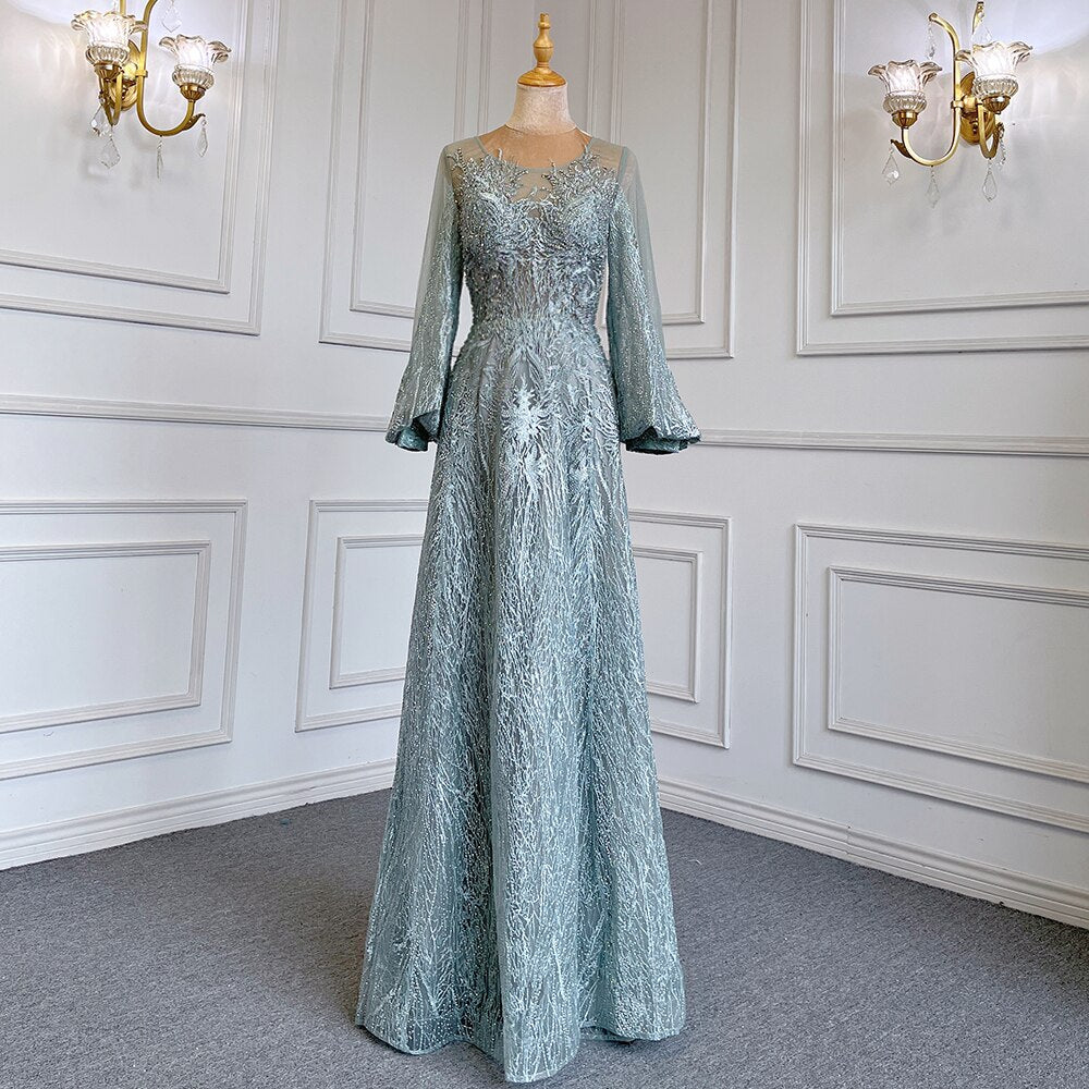 Blue Muslim A-Line O-Neck Evening Dresses Gowns Luxury Crystal Beaded 2025 For Women Wedding Party LA71700