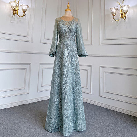 Blue Muslim A-Line O-Neck Evening Dresses Gowns Luxury Crystal Beaded 2025 For Women Wedding Party LA71700