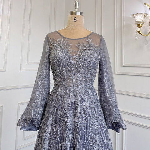 Blue Muslim A-Line O-Neck Evening Dresses Gowns Luxury Crystal Beaded 2025 For Women Wedding Party LA71700