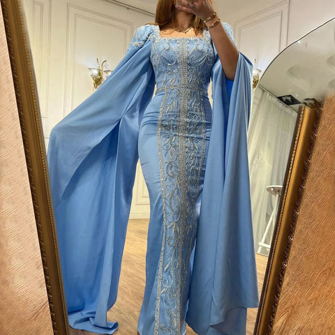 Robe de soirée musulmane de luxe bleue style sirène avec manches cape LA72050