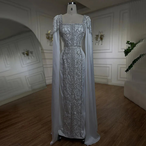 Robe de soirée musulmane de luxe bleue style sirène avec manches cape LA72050