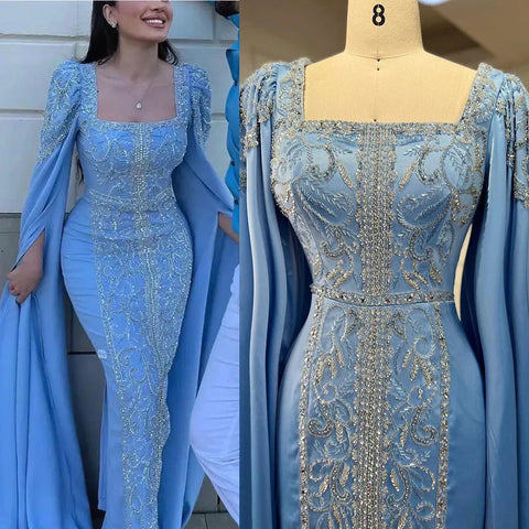 Robe de soirée musulmane de luxe bleue style sirène avec manches cape LA72050