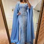Luxury Blue Mermaid Muslim Evening Dresses with Cape Sleeves  LA72050