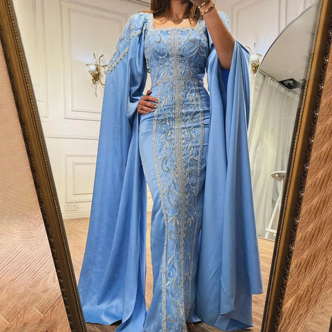 Robe de soirée musulmane de luxe bleue style sirène avec manches cape LA72050