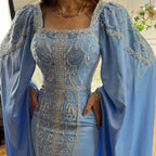 Luxury Blue Mermaid Muslim Evening Dresses with Cape Sleeves  LA72050