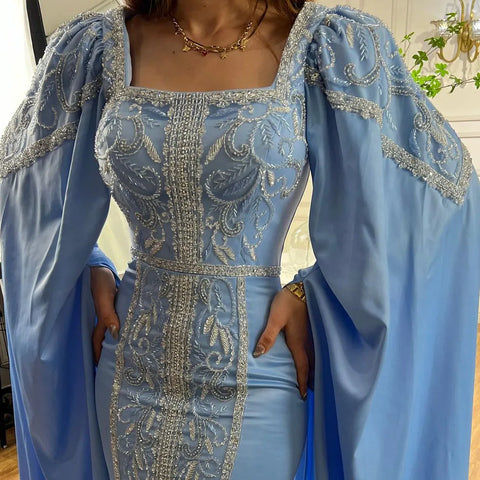 Robe de soirée musulmane de luxe bleue style sirène avec manches cape LA72050