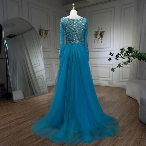 Blue Muslim Elegant Mermaid With Overskirt Beaded Evening Dresses Gowns for Women Wedding Party 2025 LA72409