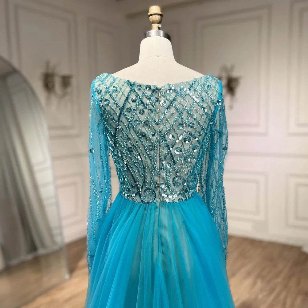 Blue Muslim Elegant Mermaid With Overskirt Beaded Evening Dresses Gowns for Women Wedding Party 2025 LA72409