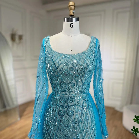 Blue Muslim Elegant Mermaid With Overskirt Beaded Evening Dresses Gowns for Women Wedding Party 2025 LA72409