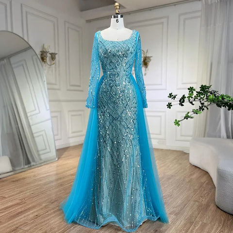 Blue Muslim Elegant Mermaid With Overskirt Beaded Evening Dresses Gowns for Women Wedding Party 2025 LA72409