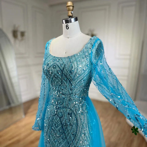 Blue Muslim Elegant Mermaid With Overskirt Beaded Evening Dresses Gowns for Women Wedding Party 2025 LA72409