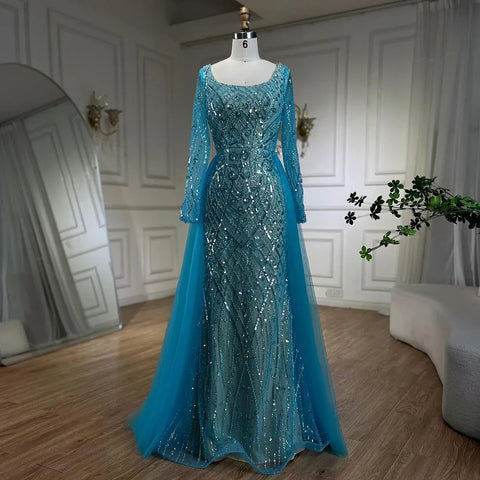 Blue Muslim Elegant Mermaid With Overskirt Beaded Evening Dresses Gowns for Women Wedding Party 2025 LA72409