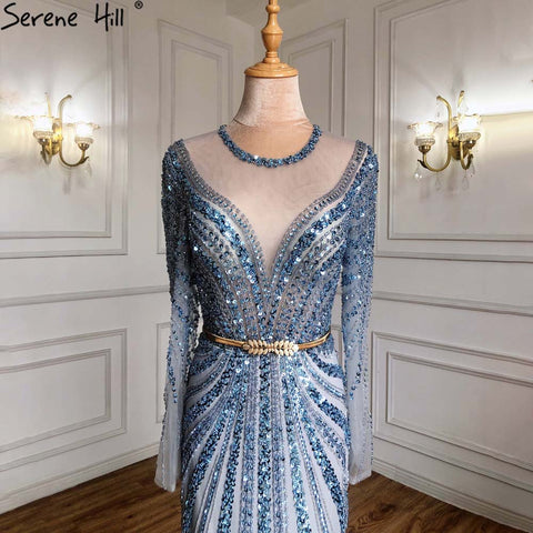 Blue Muslim Mermaid Elegant Evening Dresses Gowns 2025 Luxury Beaded For Women Party LA71374