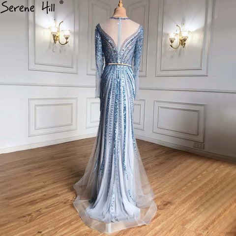 Blue Muslim Mermaid Elegant Evening Dresses Gowns 2025 Luxury Beaded For Women Party LA71374