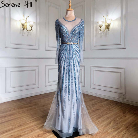 Blue Muslim Mermaid Elegant Evening Dresses Gowns 2025 Luxury Beaded For Women Party LA71374