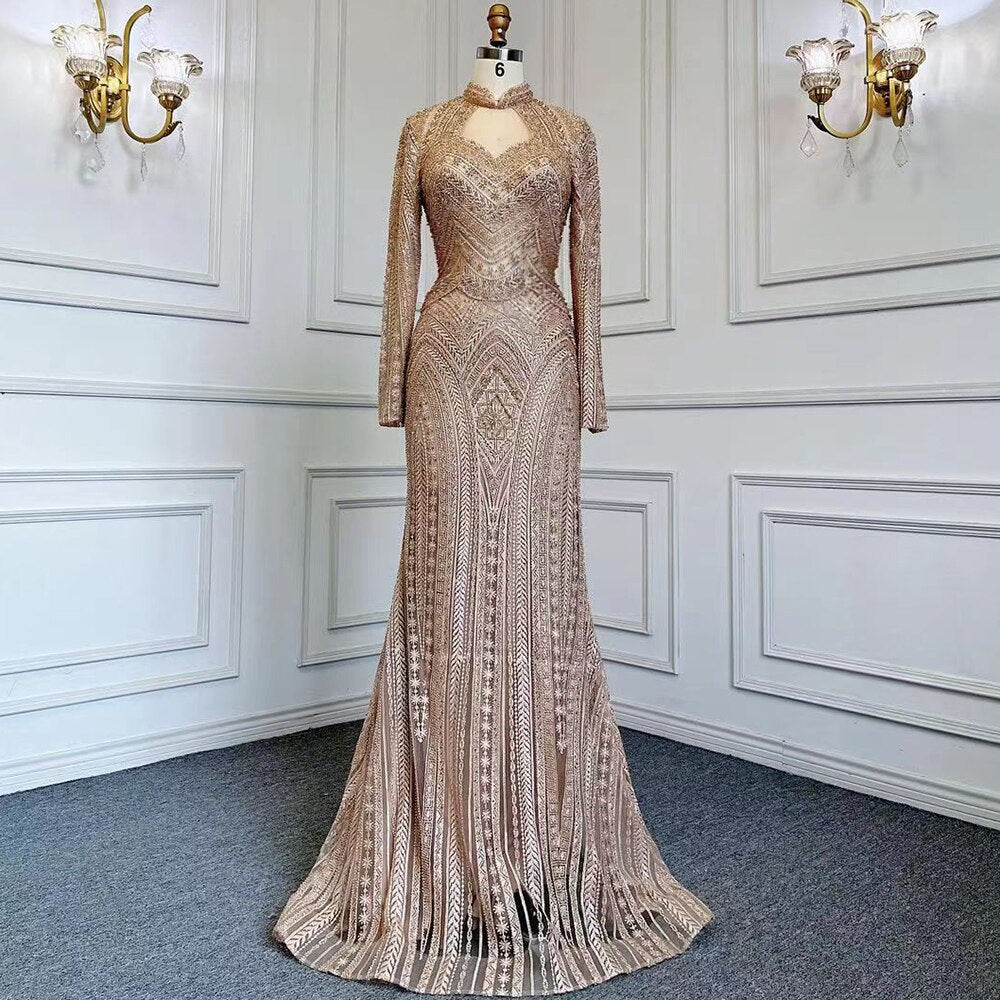 Blue Muslim Mermaid Elegant High Neck Evening Dresses Gowns Luxury Beaded 2025 For Women Party LA71742