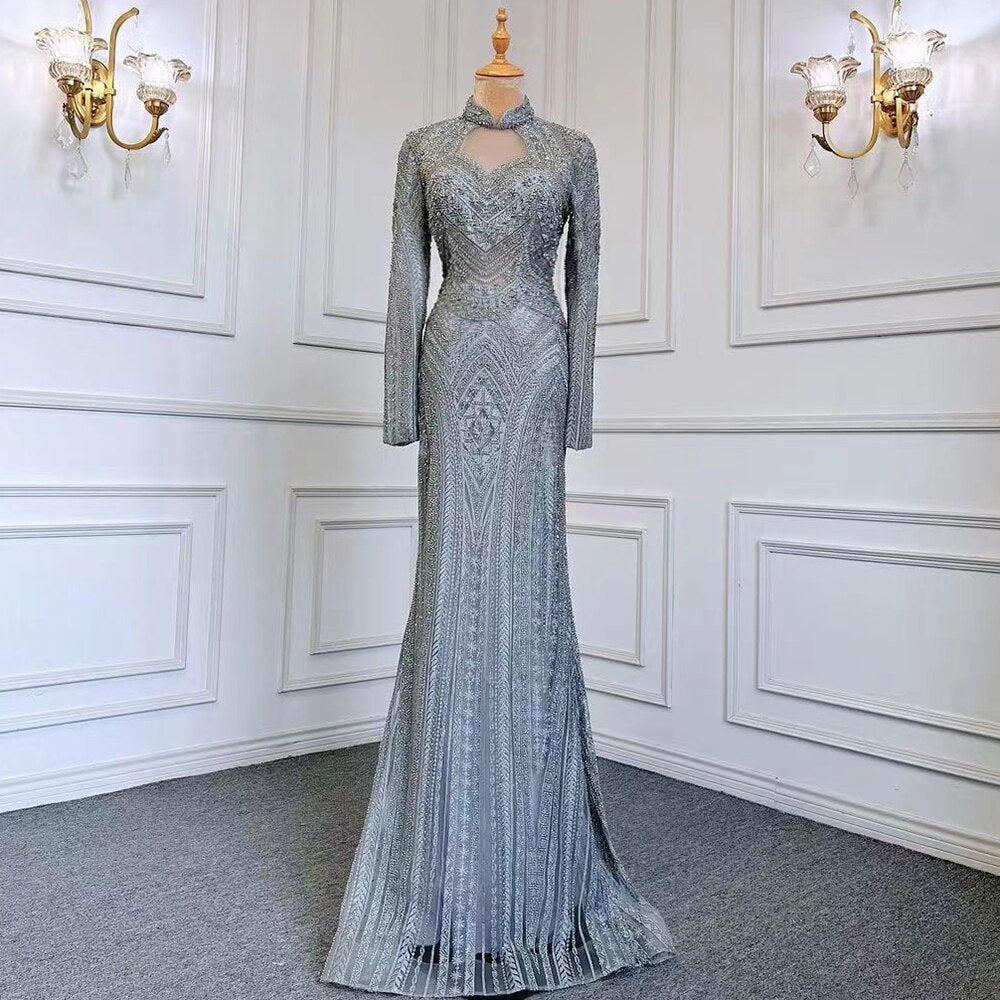 Blue Muslim Mermaid Elegant High Neck Evening Dresses Gowns Luxury Beaded 2025 For Women Party LA71742